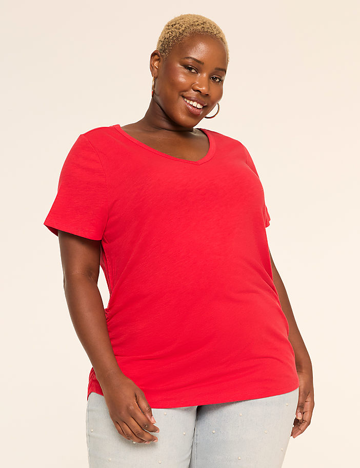 Short-Sleeve V-Neck Side-Ruched Tee