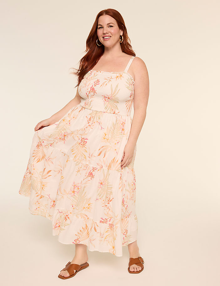 Sleeveless Smocked-Bodice Tiered Maxi Dress