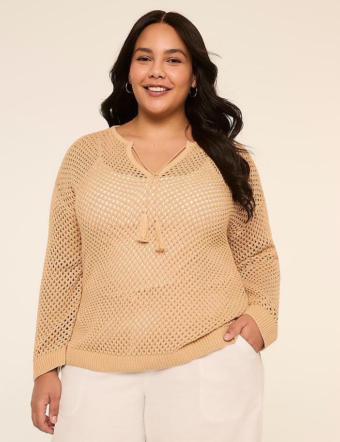 Tassel-Tie Open-Stitch Sweater Tunic