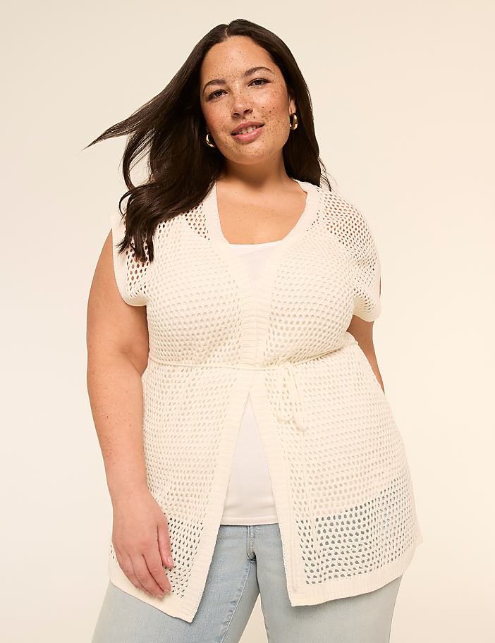 Open-Stitch Belted Cardigan