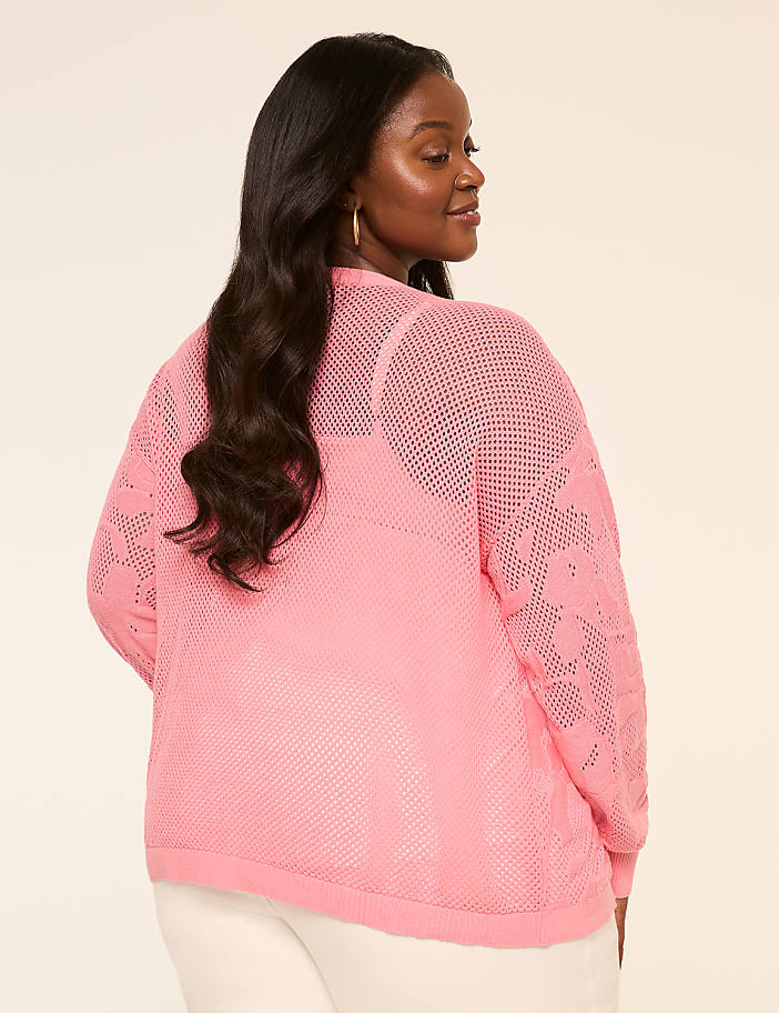 Open-Front Floral Mesh-Stitch Cardigan