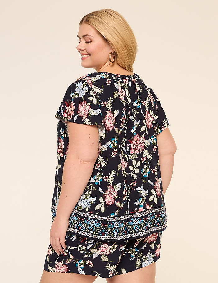 Flutter-Sleeve Split-Neck Popover Blouse