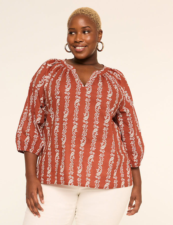 Notch-Neck Elbow-Sleeve Blouse