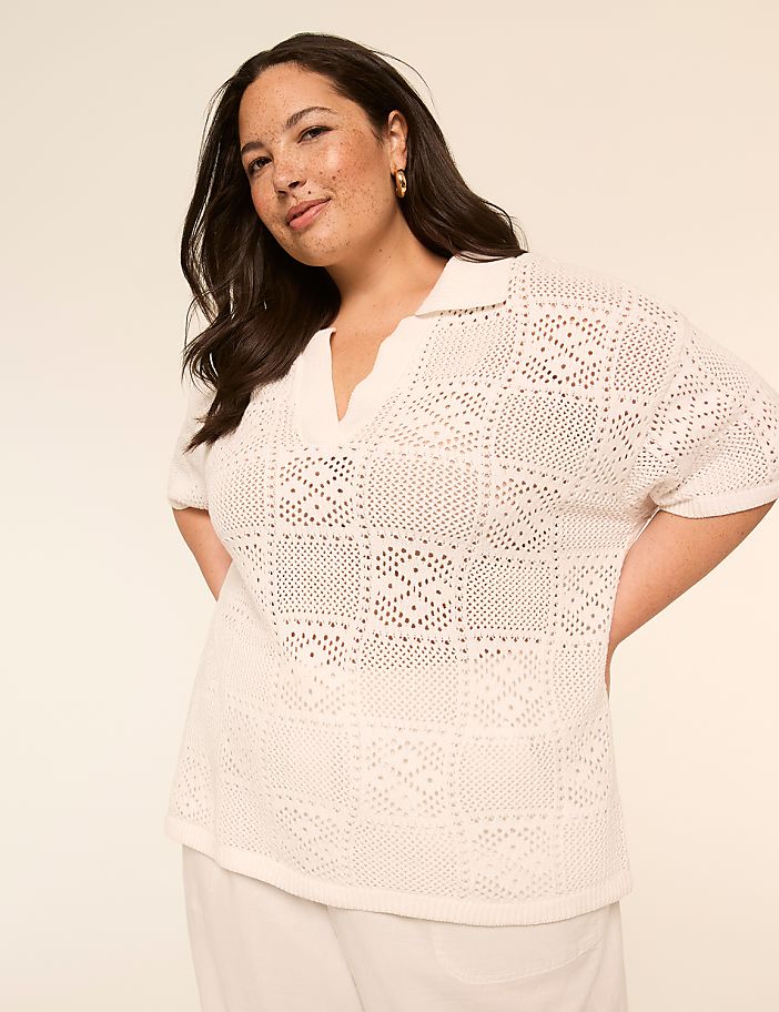 Short-Sleeve Collared Sweater Pullover