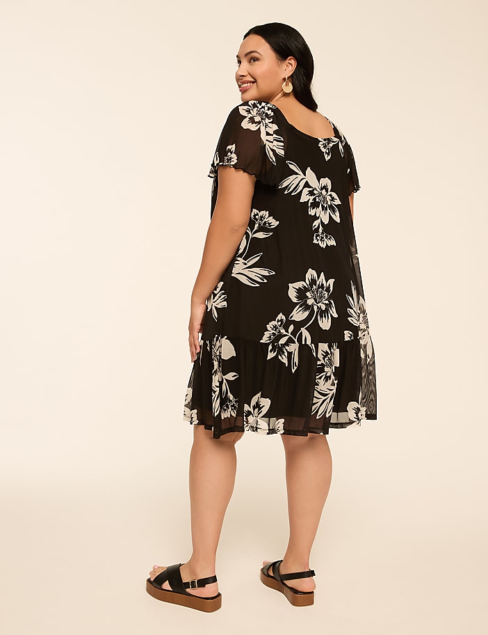 Flutter-Sleeve Open-Neck Swing Dress