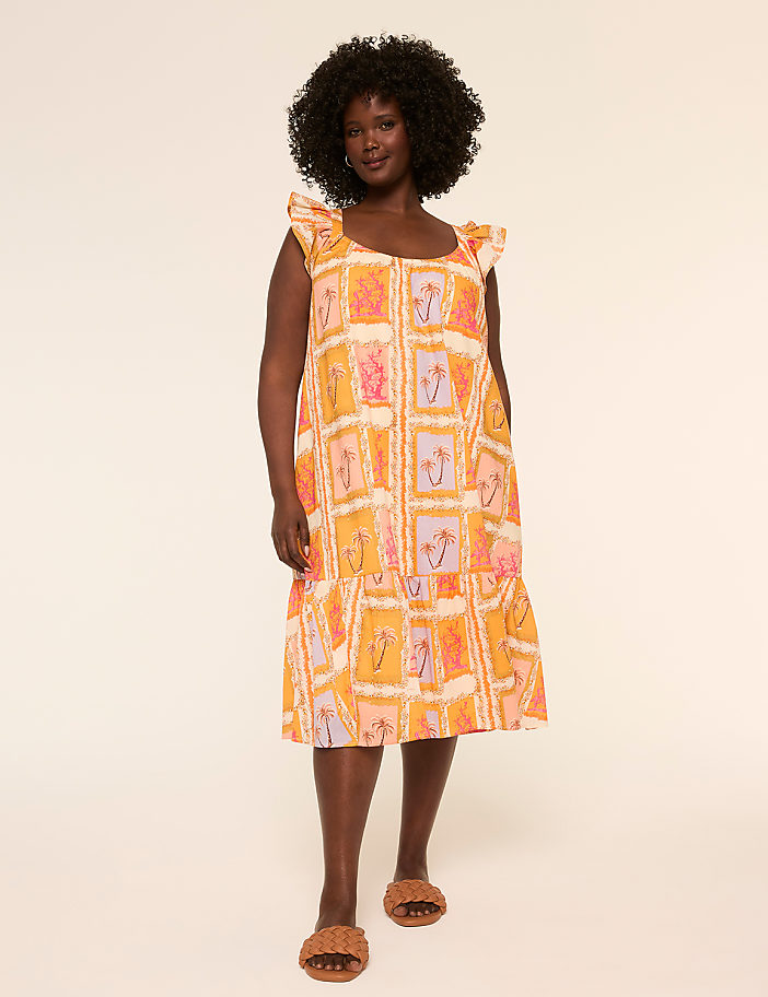 Flutter-Sleeve Postcard Midi Dress