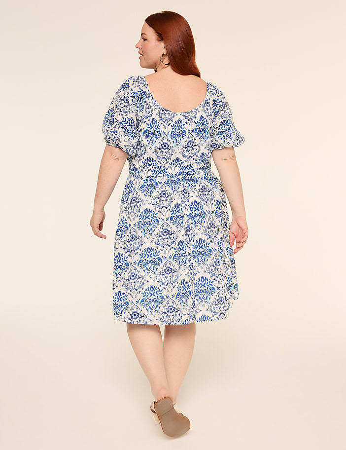 Puff-Sleeve Smocked-Waist Short Dress