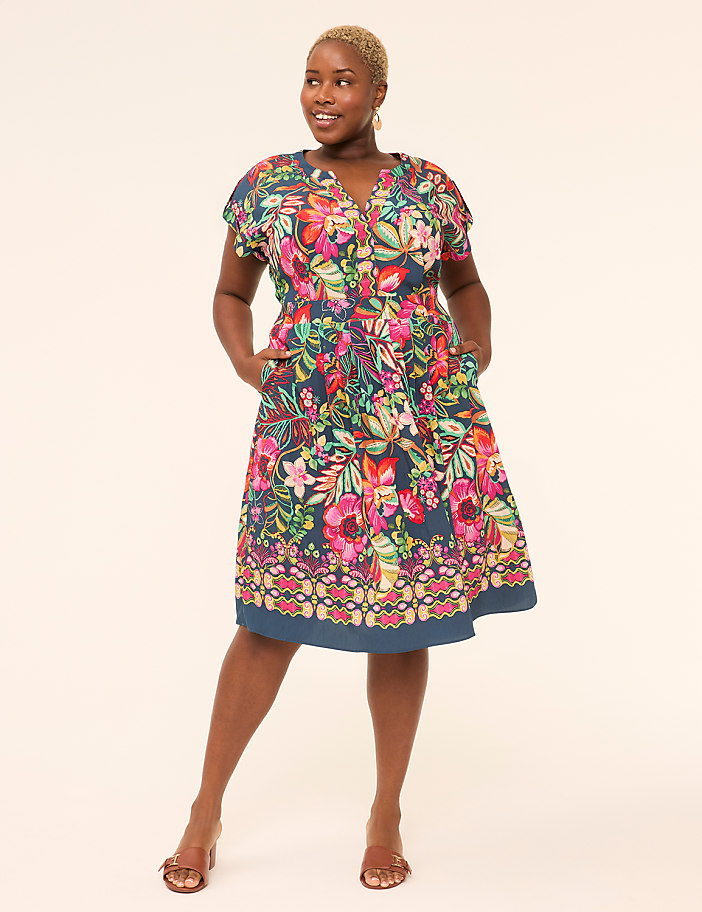 Short-Sleeve Notch-Neck Midi Dress
