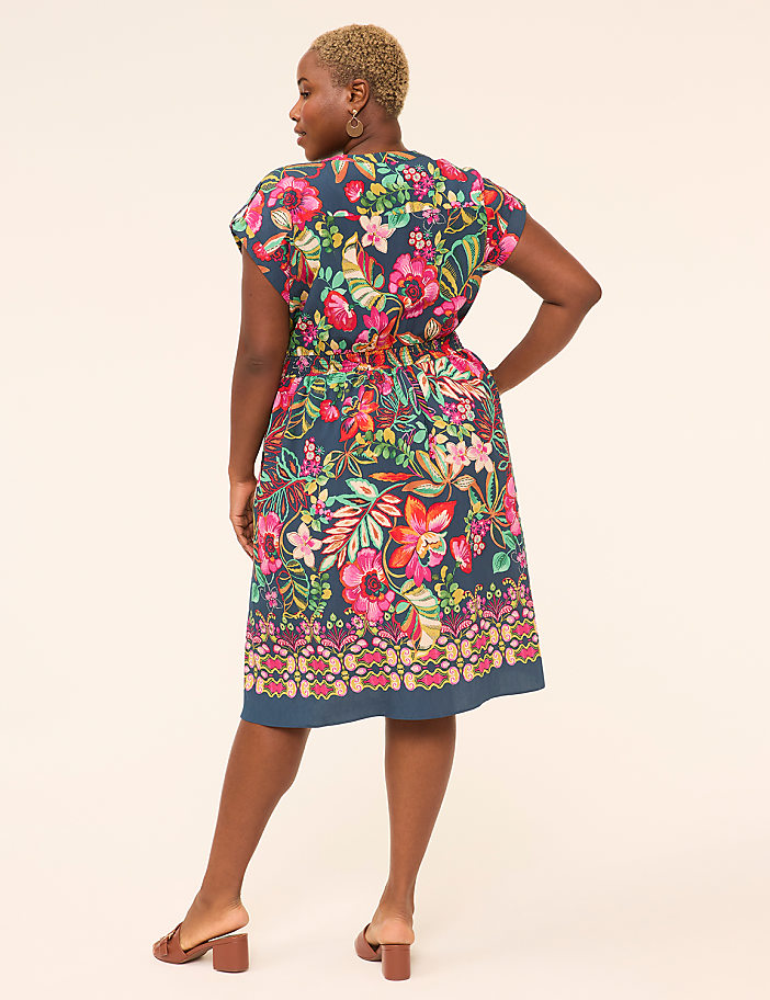 Short-Sleeve Notch-Neck Midi Dress