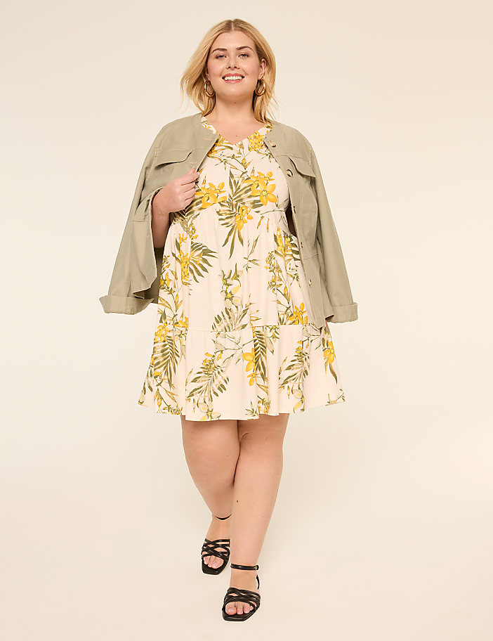 Flutter-Sleeve Tiered Swing Dress