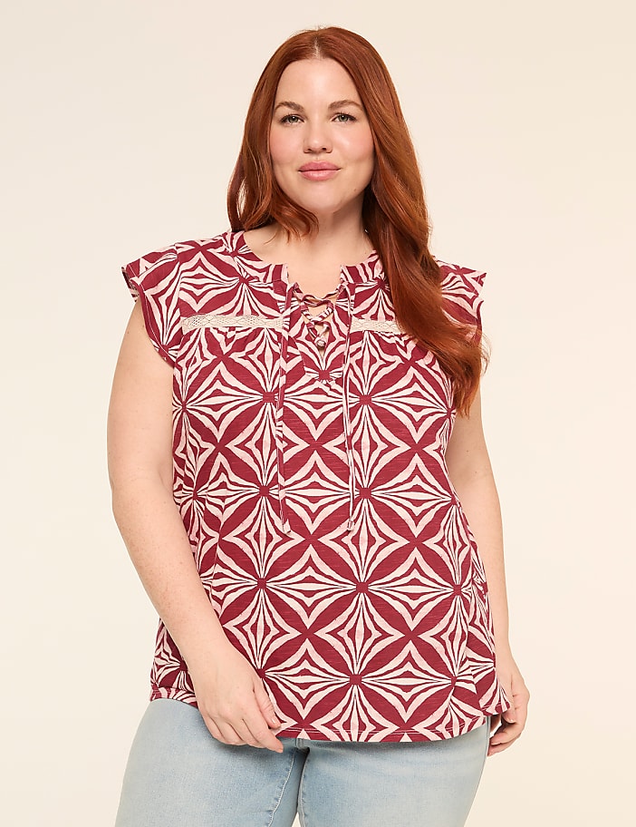 Flutter-Sleeve Lace-Up Eyelet-Yoke Top