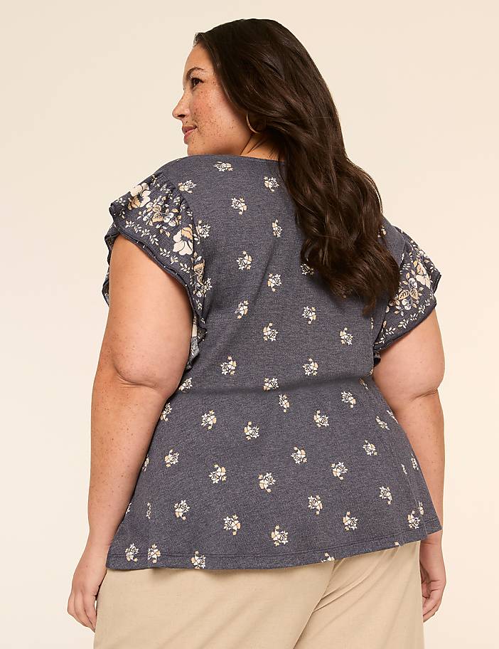 Double Flutter-Sleeve Faux-Wrap Peplum Top