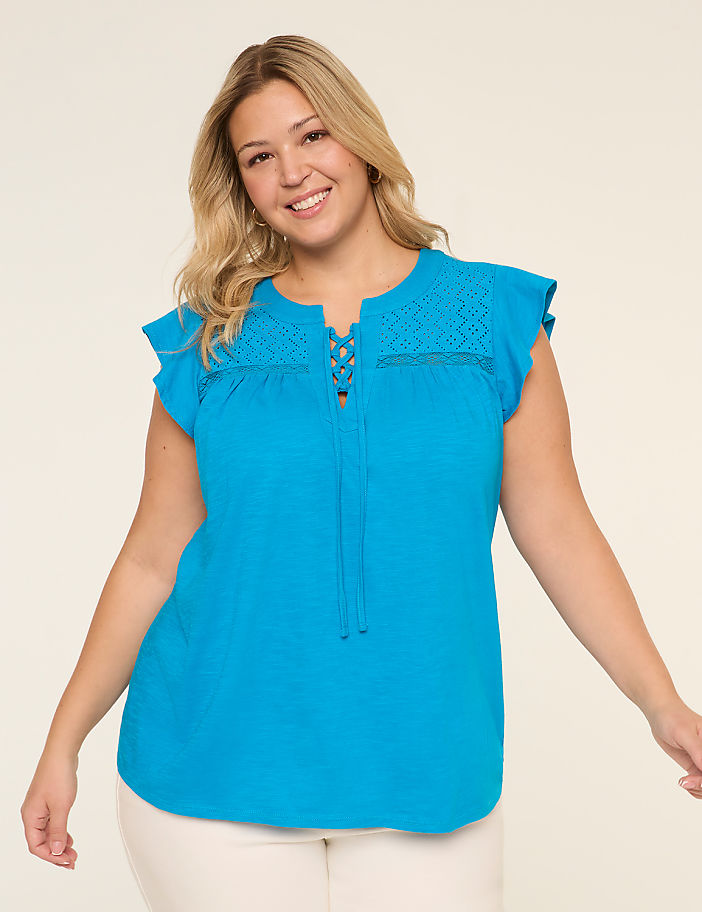 Flutter-Sleeve Lace-Up Eyelet-Yoke Top
