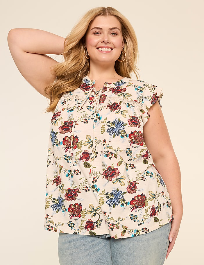 Flutter-Sleeve Lace-Up Eyelet-Yoke Top