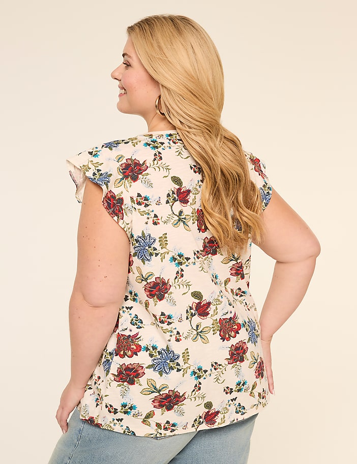 Flutter-Sleeve Lace-Up Eyelet-Yoke Top