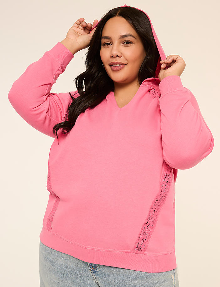 Notch-Neck Crochet-Trim Hoodie