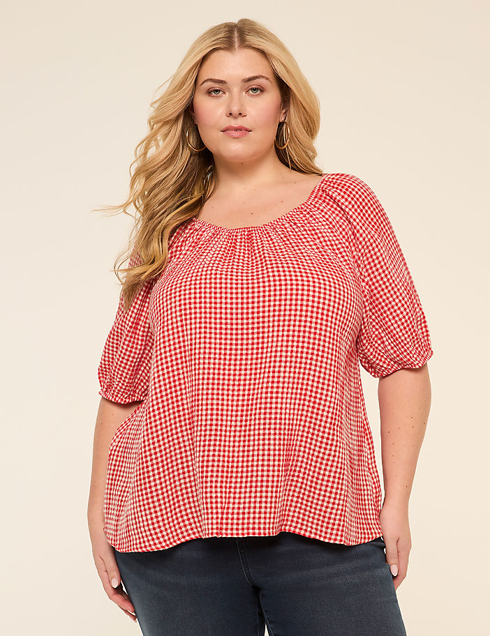 Puff-Sleeve Scoop-Neck Blouse