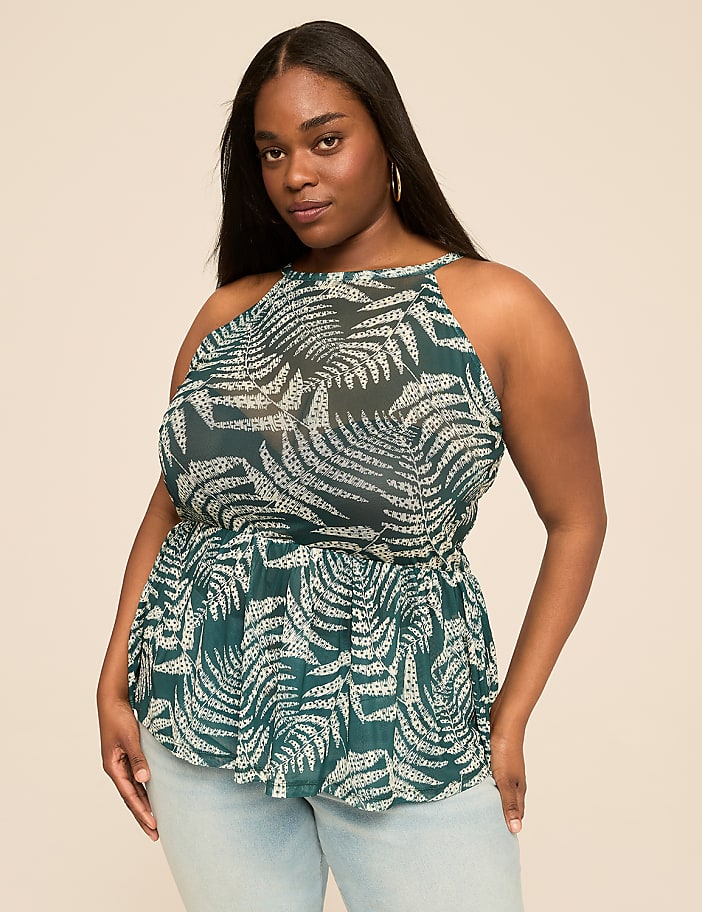 Mesh Halter-Neck Smocked Peplum Top