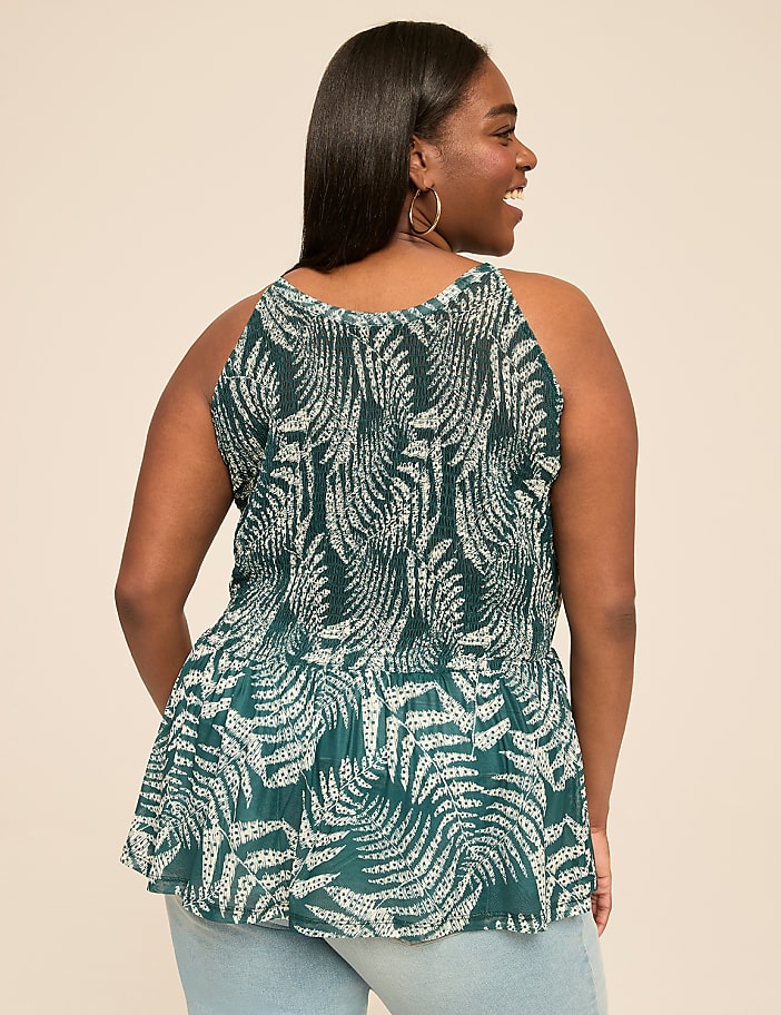 Mesh Halter-Neck Smocked Peplum Top