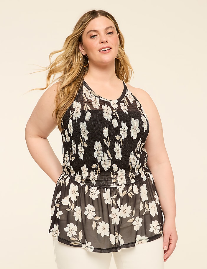 Mesh Halter-Neck Smocked Peplum Top