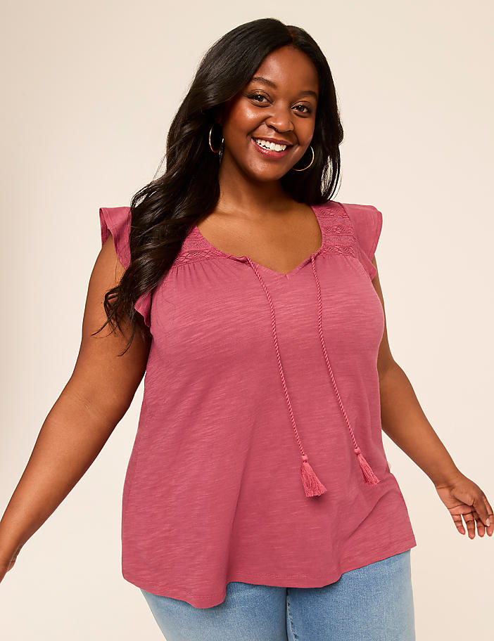 Flutter-Sleeve Lace-Trim Top