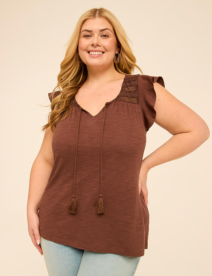 Flutter-Sleeve Lace-Trim Top