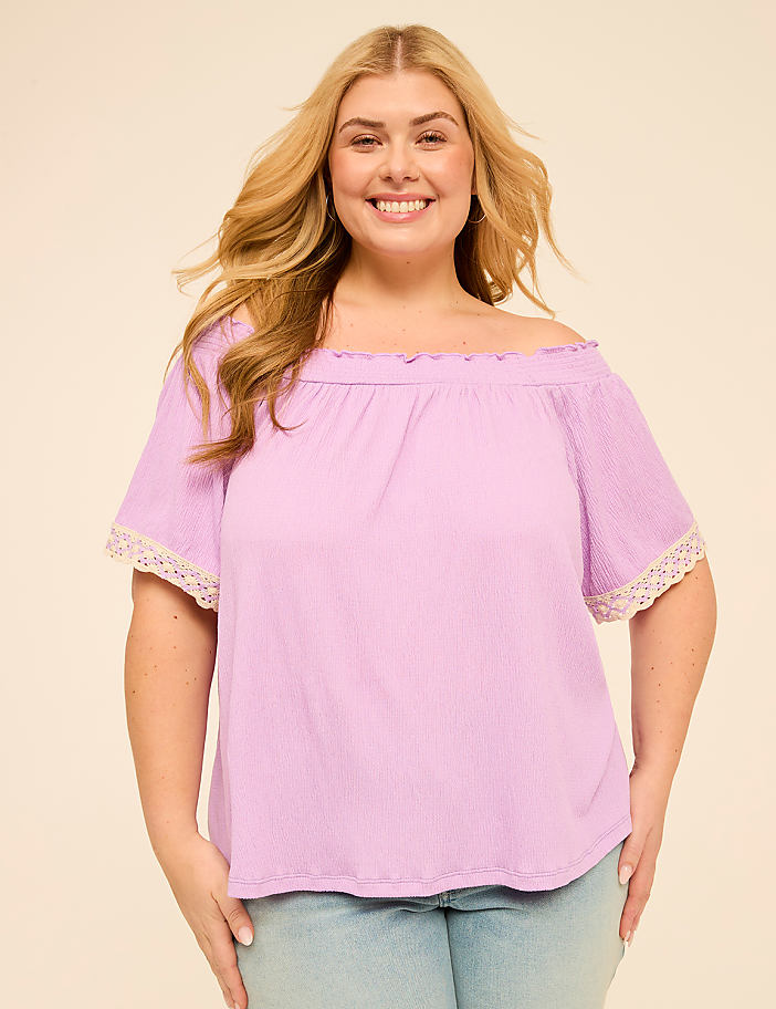 Off-The-Shoulder Crochet-Sleeve Top