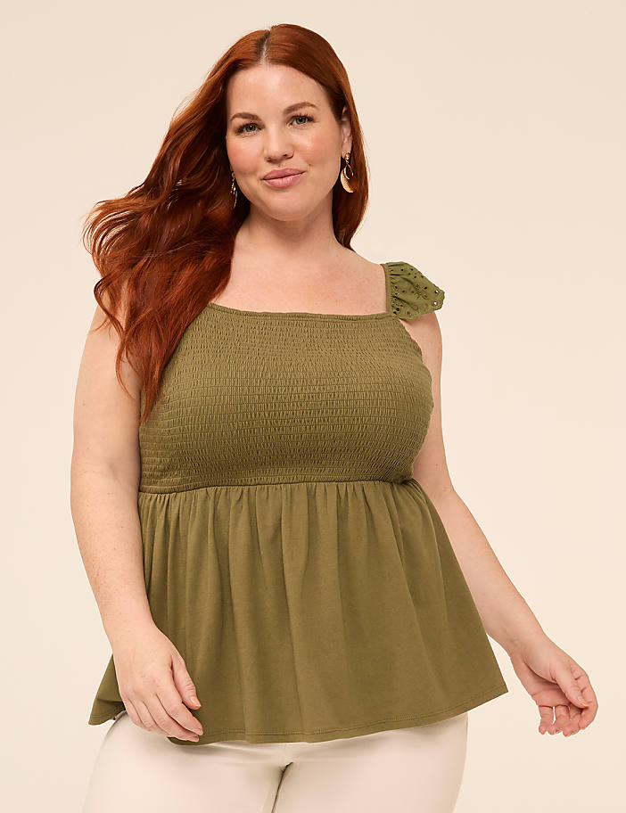 Eyelet-Sleeve Smocked Peplum Top