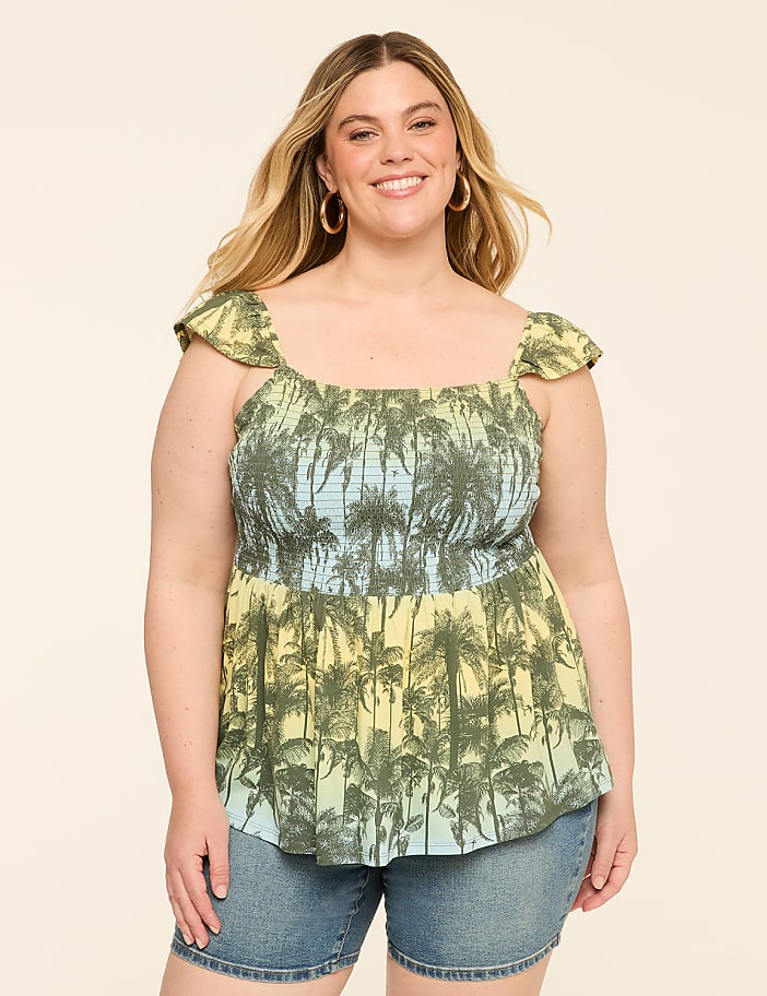 Eyelet-Sleeve Smocked Peplum Top