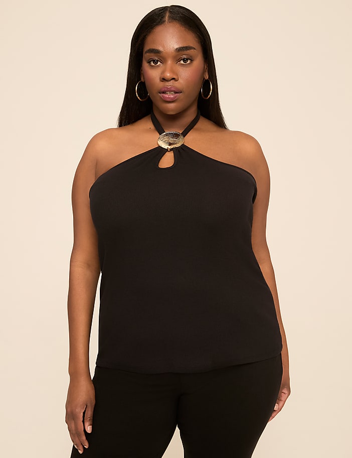 Seashell-Detail Ribbed Halter Top