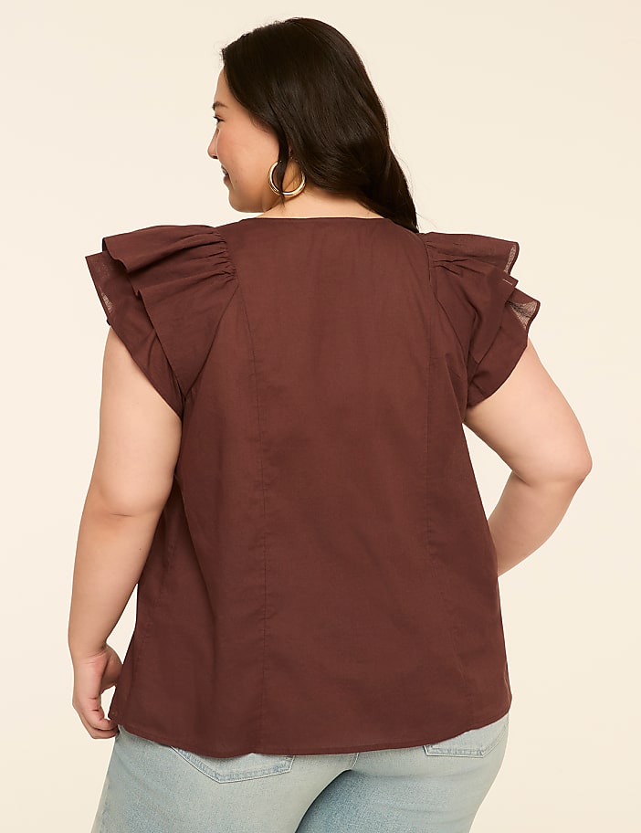 Double Flutter-Sleeve Split-Neck Top