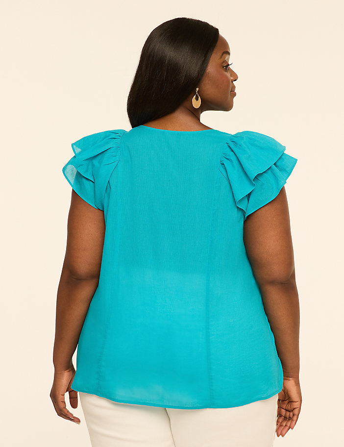 Double Flutter-Sleeve Split-Neck Top