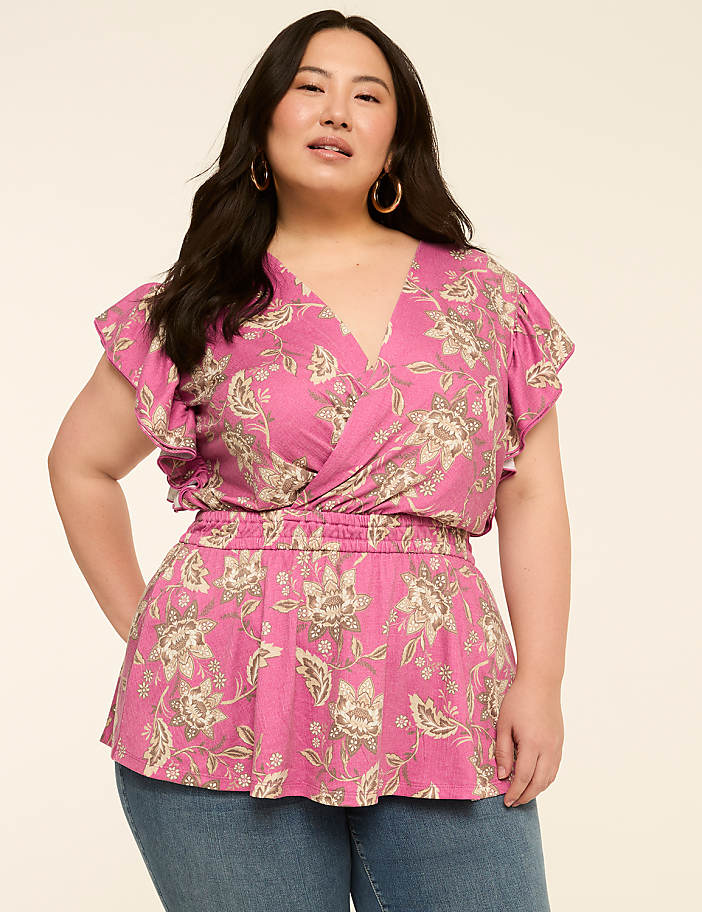 Double Flutter-Sleeve Faux-Wrap Peplum Top