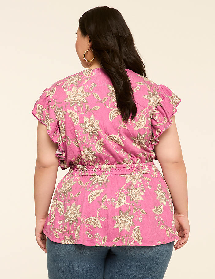 Double Flutter-Sleeve Faux-Wrap Peplum Top