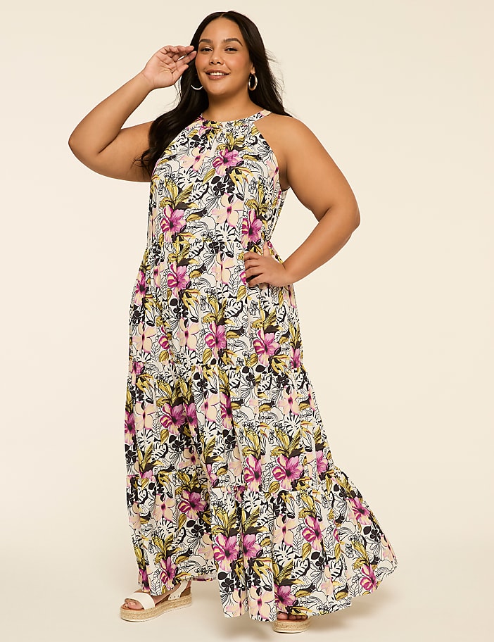 Tiered Halter-Neck Maxi Dress