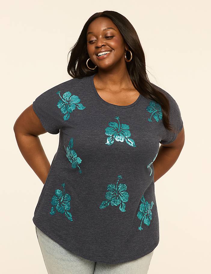 Sequin Tropical Flowers Graphic Tee