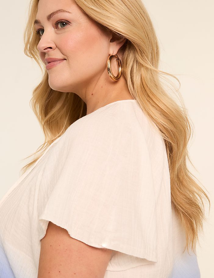 A blonde woman in a white top with lace detailing smiles as she looks to the left against a plain, light background.