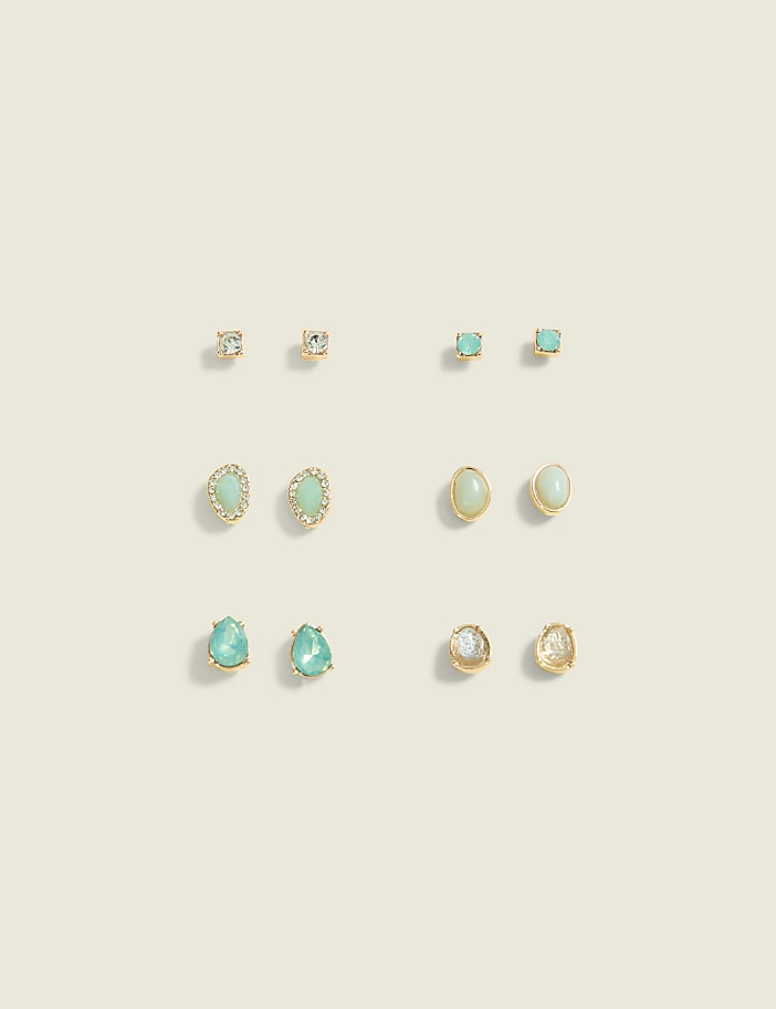 Teal & Goldtone Stud Earring 6-Pack