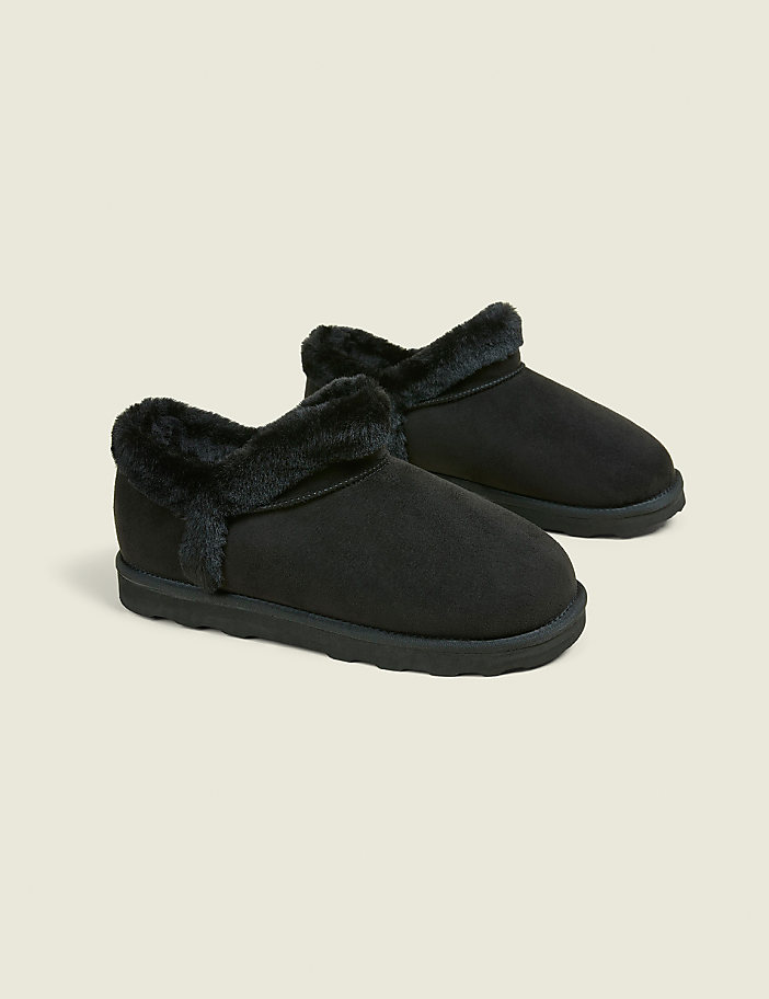 A pair of black, fuzzy-lined ankle boots rests on a plain, light gray background.