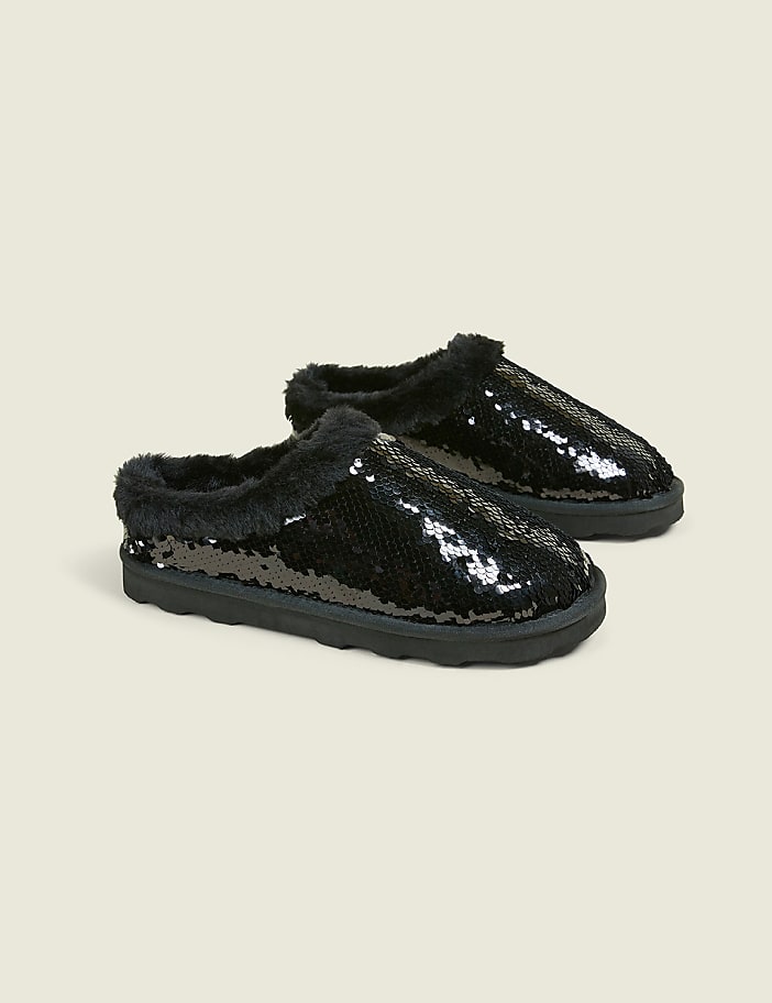 A pair of black sequined slippers with fluffy trim rests on a plain, light-colored background.