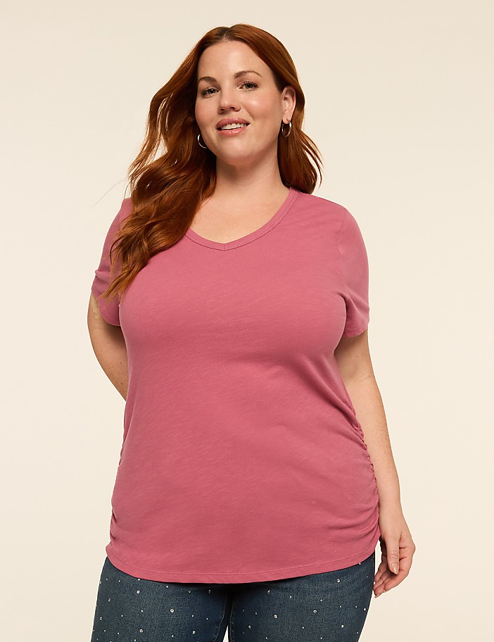 Short-Sleeve V-Neck Side-Ruched Tee