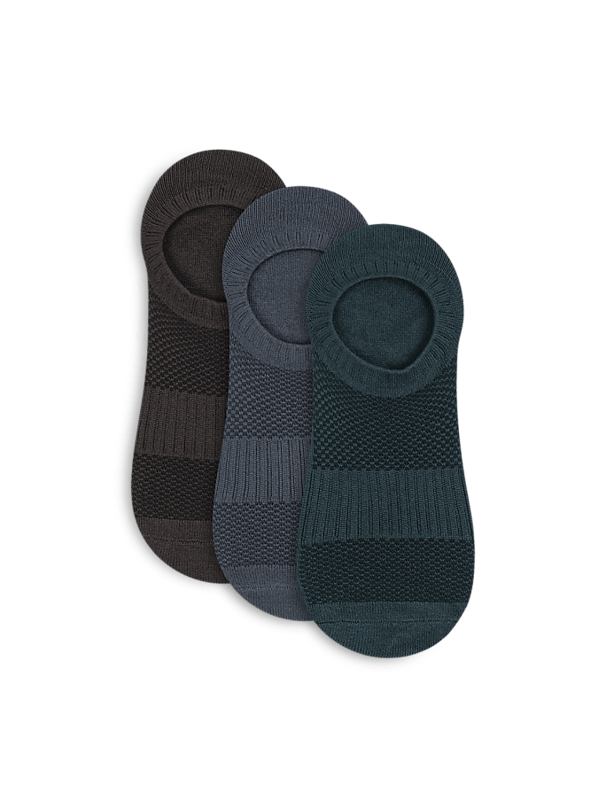 Three no-show socks in shades of brown, gray, and teal are arranged in a row against a plain white background.