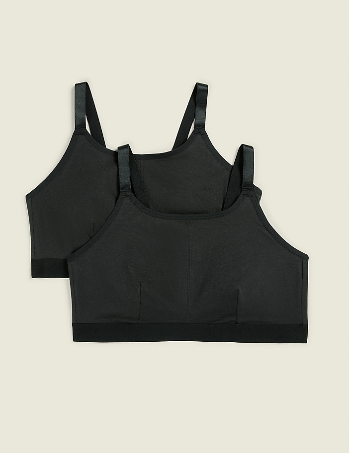 Two black bralettes with adjustable straps are arranged in the foreground against a plain, light beige background.