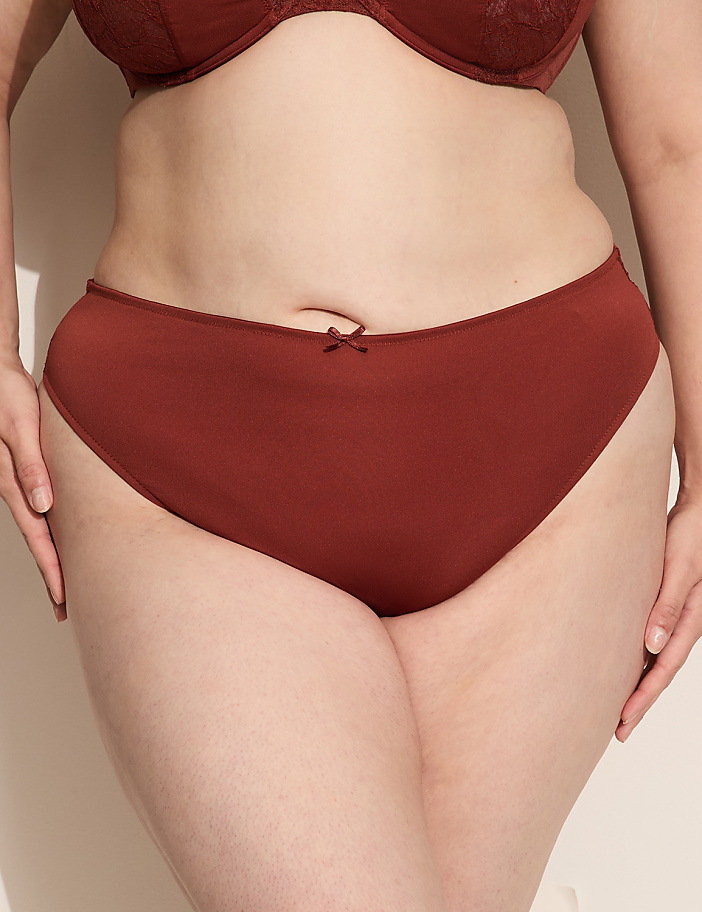 A person's torso is shown from the waist down, wearing rust-colored underwear and a matching bra, against a plain, light-colored background.
