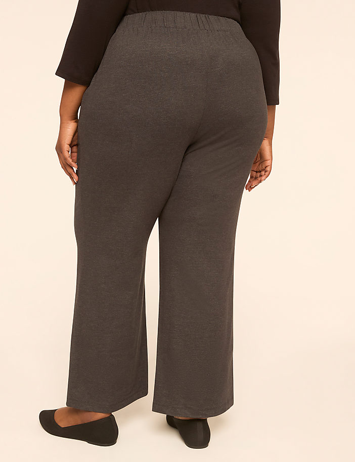 A person wearing dark gray pants and black flats stands against a plain, light-colored background.