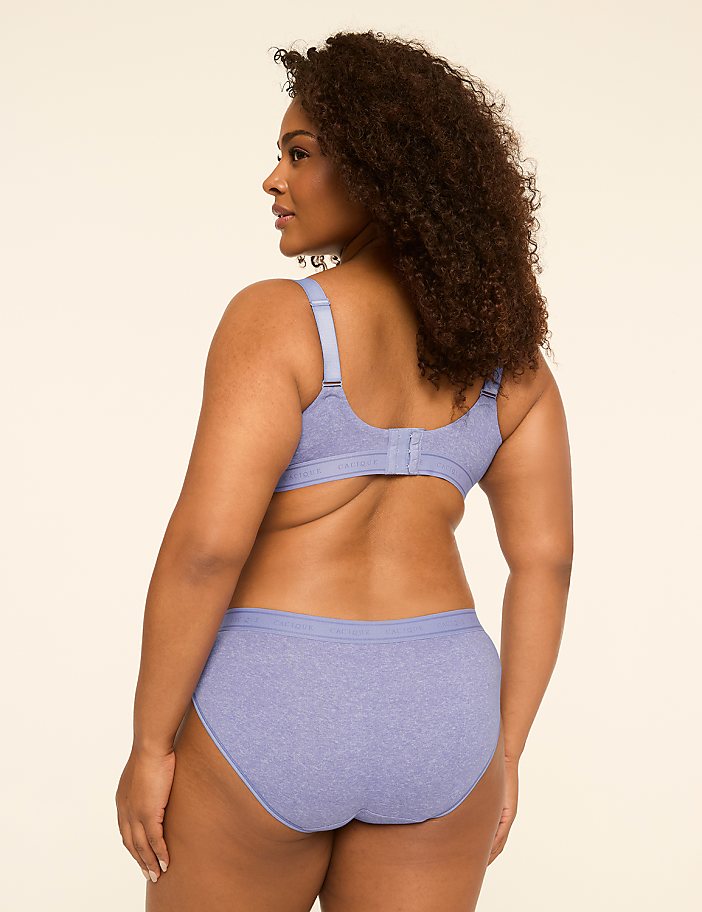 A woman in a light purple bra and underwear is shown from the back against a plain, light-colored background.