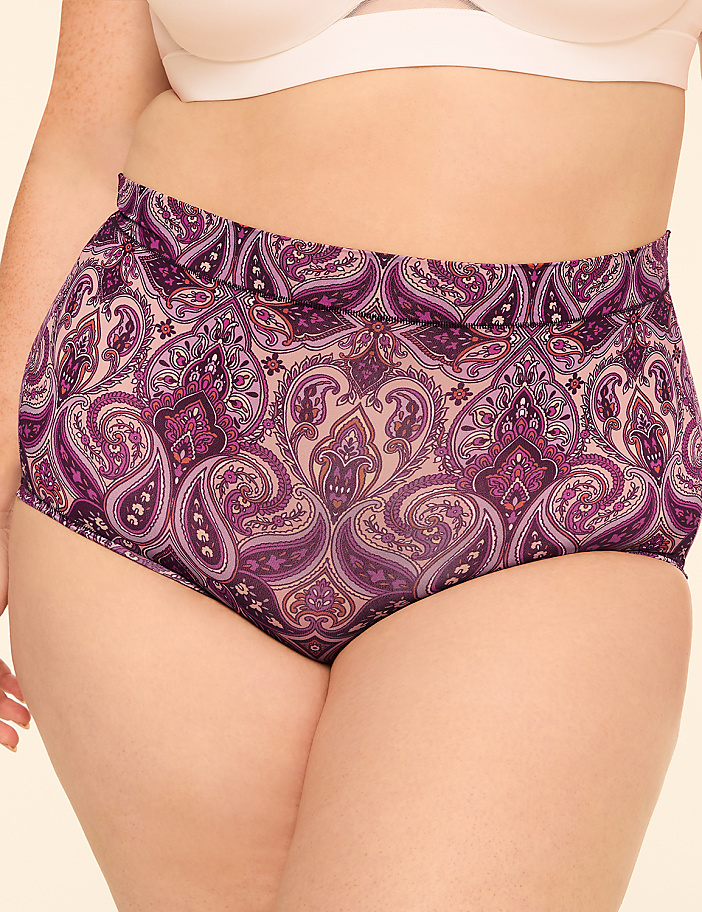 A person wears high-waisted purple paisley patterned underwear against a plain background.