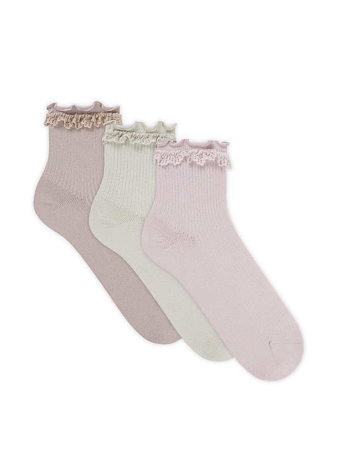 Three pastel-colored ankle socks with ruffled lace trim are arranged diagonally against a plain white background.