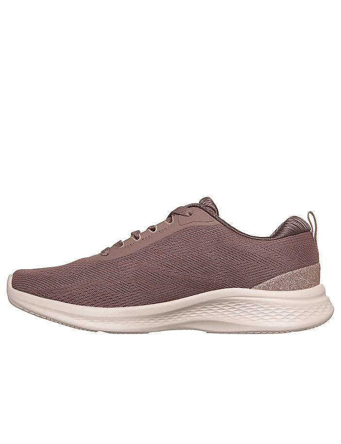 A taupe athletic shoe with a white sole is presented against a plain white background.
