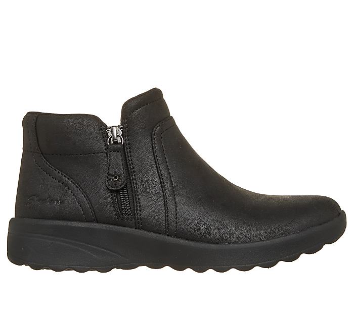A black leather ankle boot with a side zipper sits on a black sole against a plain white background.